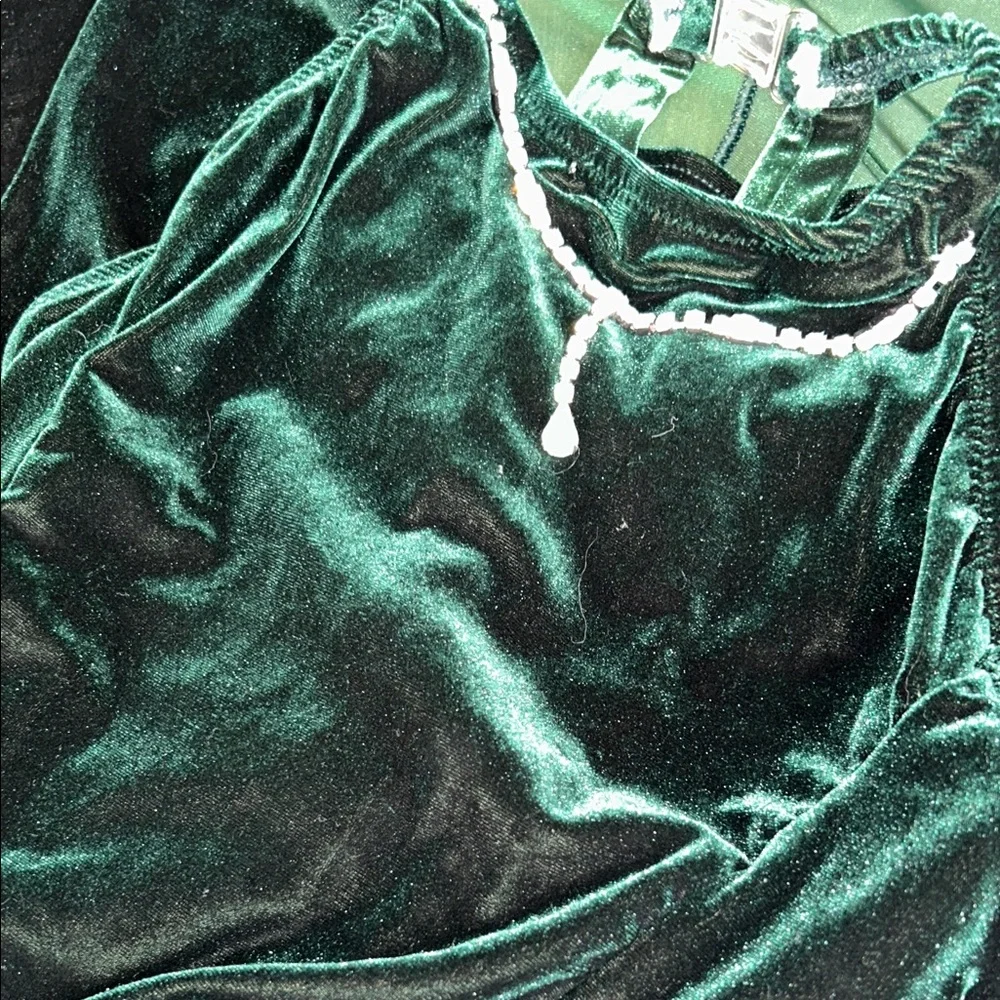 Elegant Emerald Green Girls Halter Dress with attached Rhinestone necklace